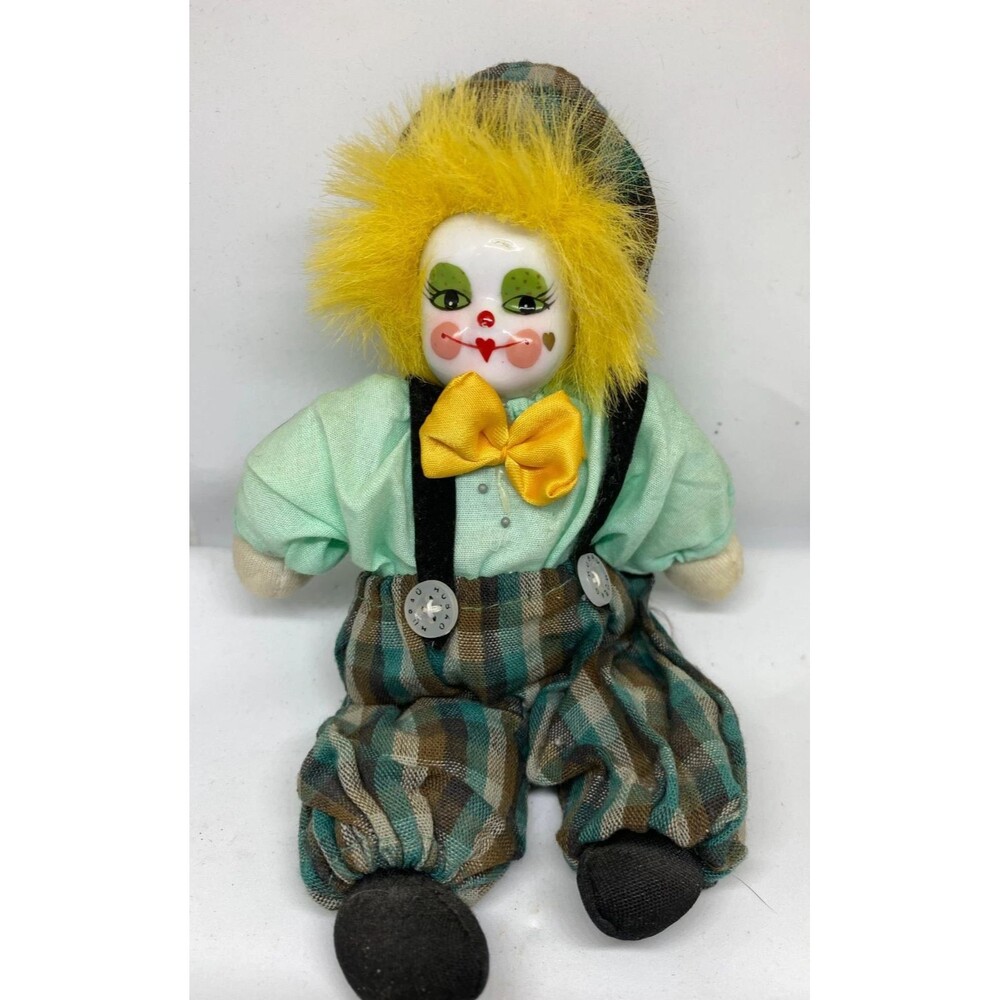 Vintage Porcelain Clown Doll Green Plaid Pants & Hat ,Yellow Hair